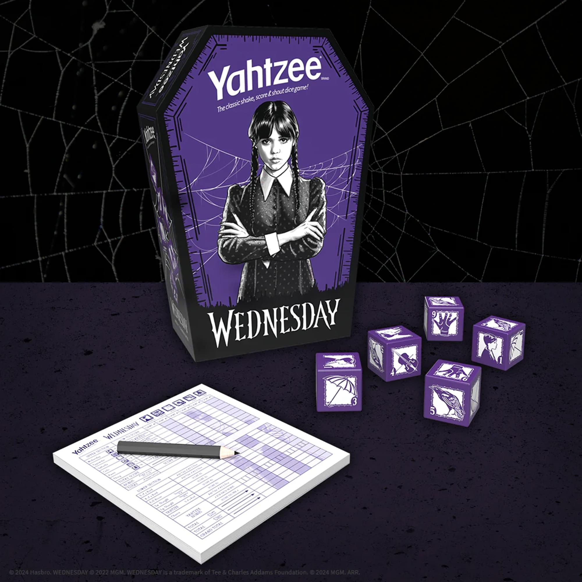 Yahtzee, score 4 duora dor orgome! The classic WEDNESDAY WEDNESDAY. Yahtzee aabace 3 5 t Ta TUPAA e 2024 Hasbro. WEDNESDAY e 2022 MGM. WEDNESDAY s 1 trademark of Tee & Charles Addams Foundation e 2024 MG. ARR.