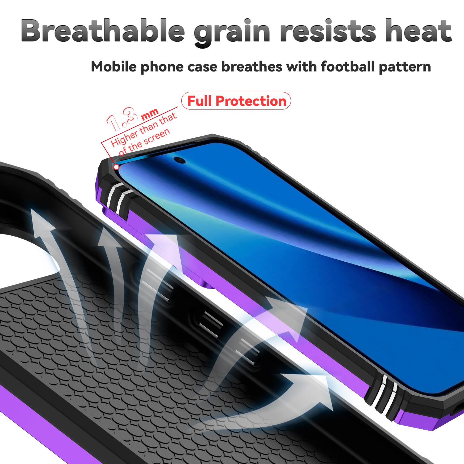Breathable grain resists heat  
Mobile phone case breathes with football pattern  
Full Protection  
1.3 mm higher than that of the screen