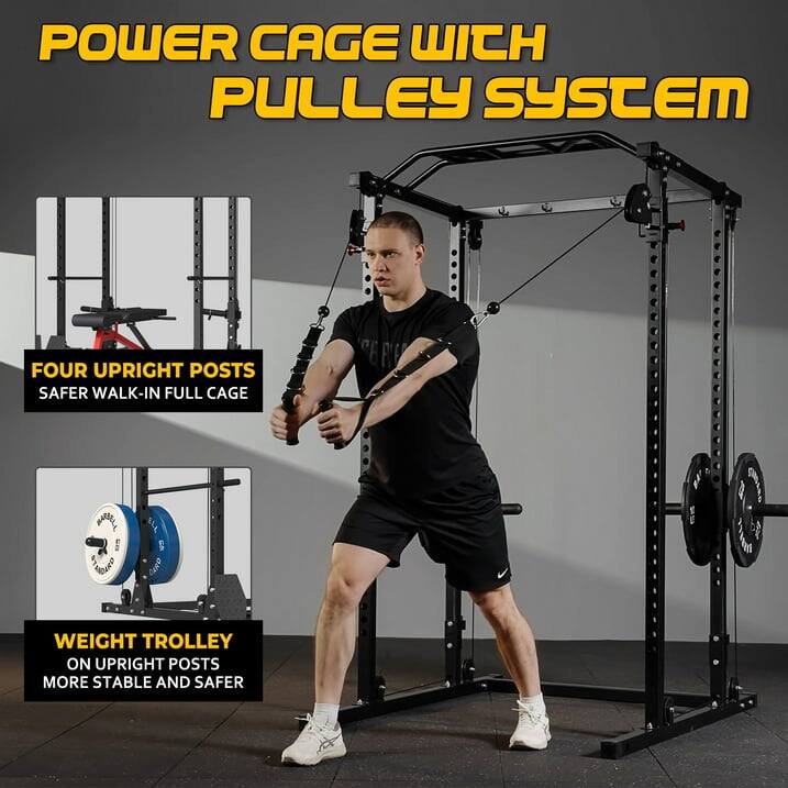 POWER CAGE WITH PULLEY SYSTEM, FOUR UPRIGHT POSTS, SAFER WALK-IN FULL CAGE, WEIGHT TROLLEY ON UPRIGHT POSTS, MORE STABLE AND SAFER