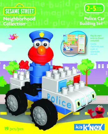 Sure, here is the corrected and grouped text from the image:
---
**SESAME STREET Neighborhood Collection™**
**2-5 YEARS ANNEES**
**Police Car Building Set™**
**19 pcs/pzs**
**Play & Learn Activity Sheet included!**
**Feuille d'activité pour jouer et apprendre incluse!**
**kid K'NEX**
---
**SESAME STREET**
**Police**
**123 imagine build play**
**85153**
---