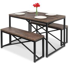 SlickBlue - Modern 3-Piece Dining Set with Metal Frame Wood Top Table and 2 Benches - Dark Brown