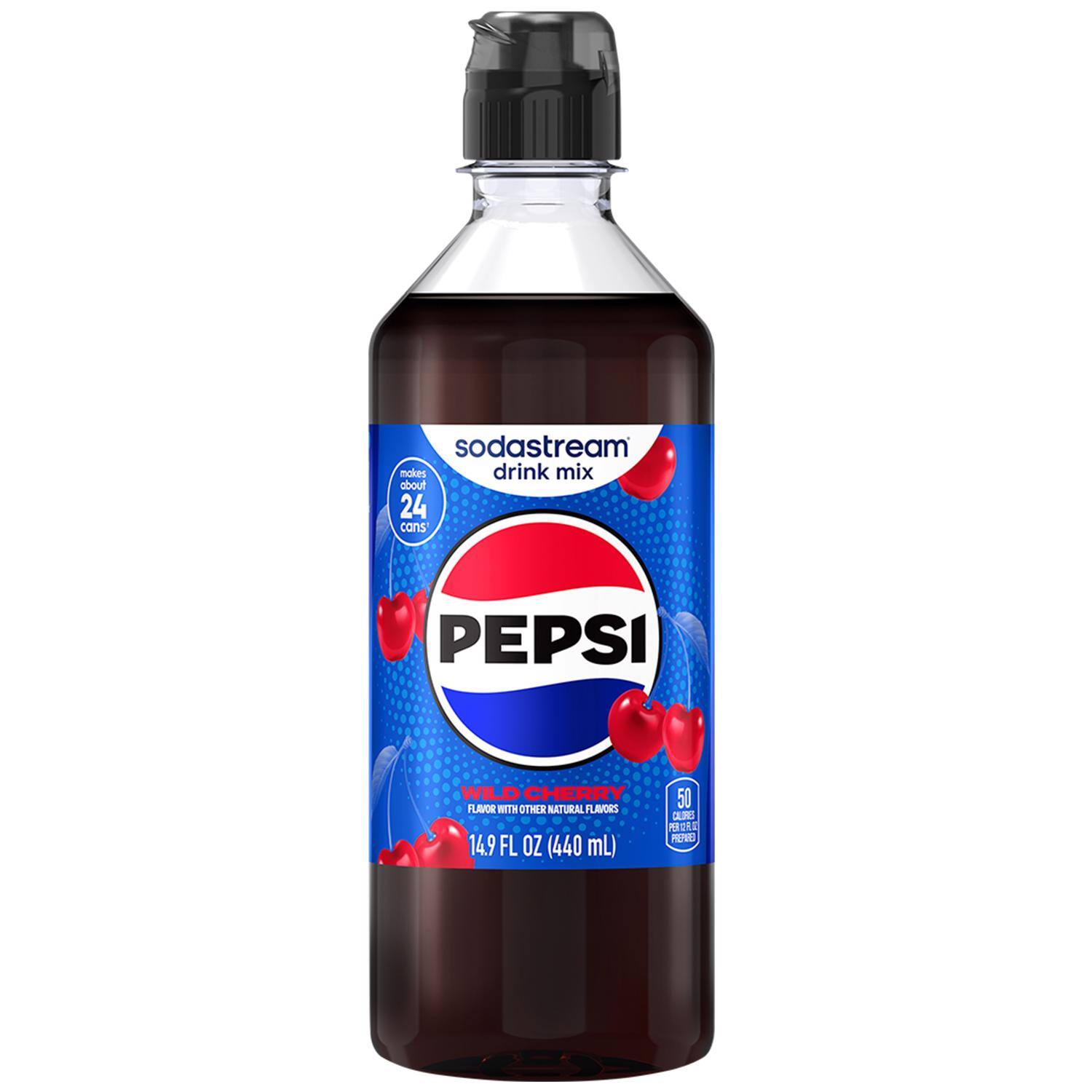 Sodastream makes drink mix about 24 cans

PEPSI
WILD CHERRY FLAVOR WITH OTHER NATURAL FLAVORS 14.9 FL OZ (440 mL)
50 CALORIES PER 12 FL OZ PREPARED
