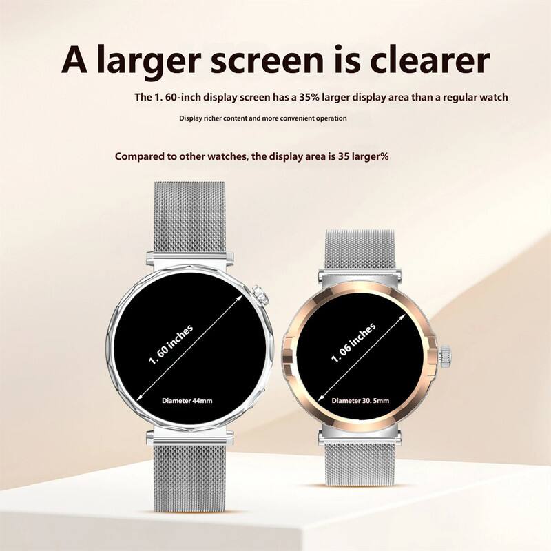 A larger screen is clearer

The 1.60-inch display screen has a 35% larger display area than a regular watch. Display richer content and more convenient operation.

Compared to other watches, the display area is 35% larger.

1.60 inches
Diameter 44mm

1.06 inches
Diameter 30.5mm