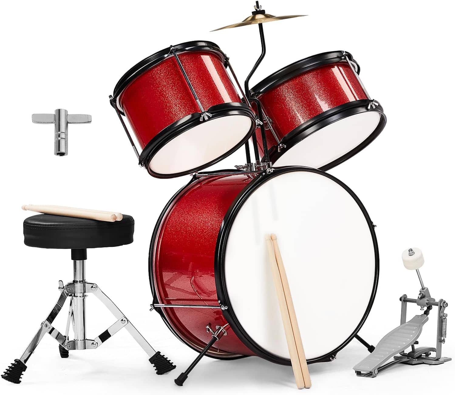 Winado - 3-Piece Drum Set, 14 Inch Beginners Drums Kit with Throne Stool, Pedal & 2 Pairs of Drumsticks, Junior Drums Set Musical - Red price history on PriceWatchPro