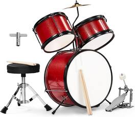 Winado - 3-Piece Drum Set, 14 Inch Beginners Drums Kit with Throne Stool, Pedal & 2 Pairs of Drumsticks, Junior Drums Set Musical - Red