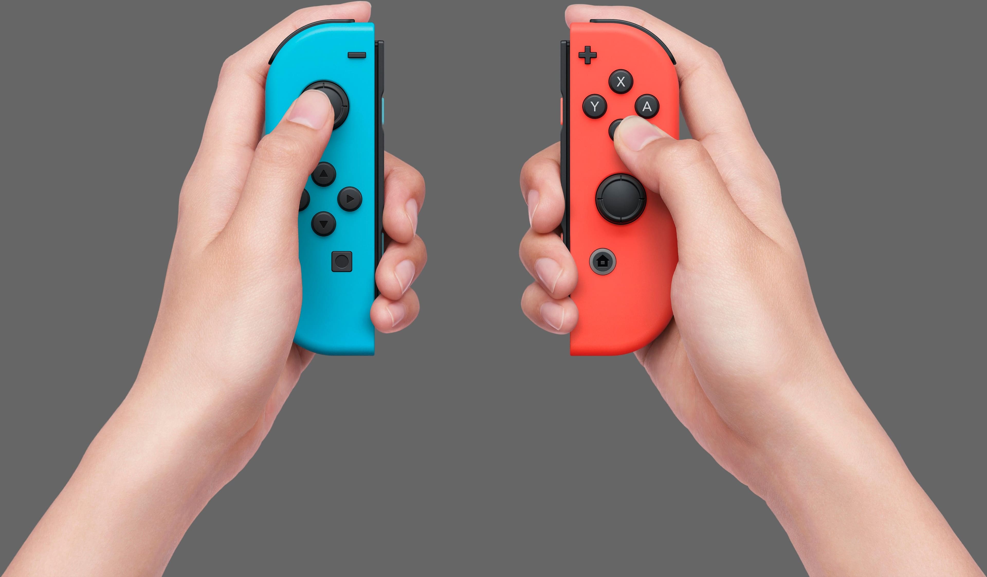 nintendo switch with neon blue and red controllers