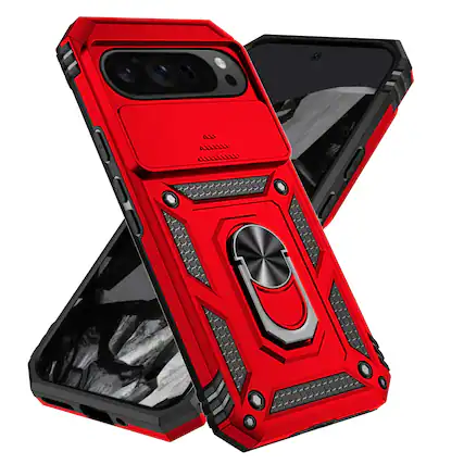 Front. UUCOVER - Rugged Protective Case for Google Pixel 10 Pro XL,Shockproof TPU+PC Case Slide Camera Cover Ring Holder Stand Cover - Red.
