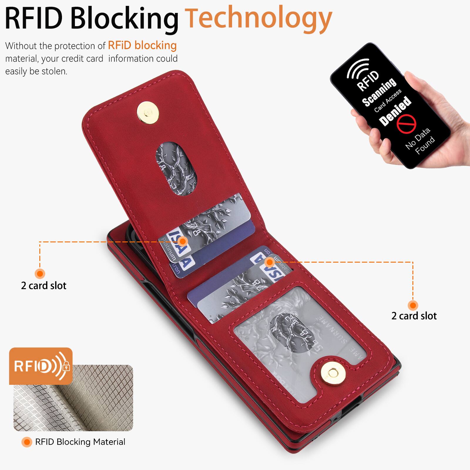 RFID Blocking Technology

Without the protection of RFID blocking material, your credit card information could easily be stolen.

2 card slot

RFID Blocking Material