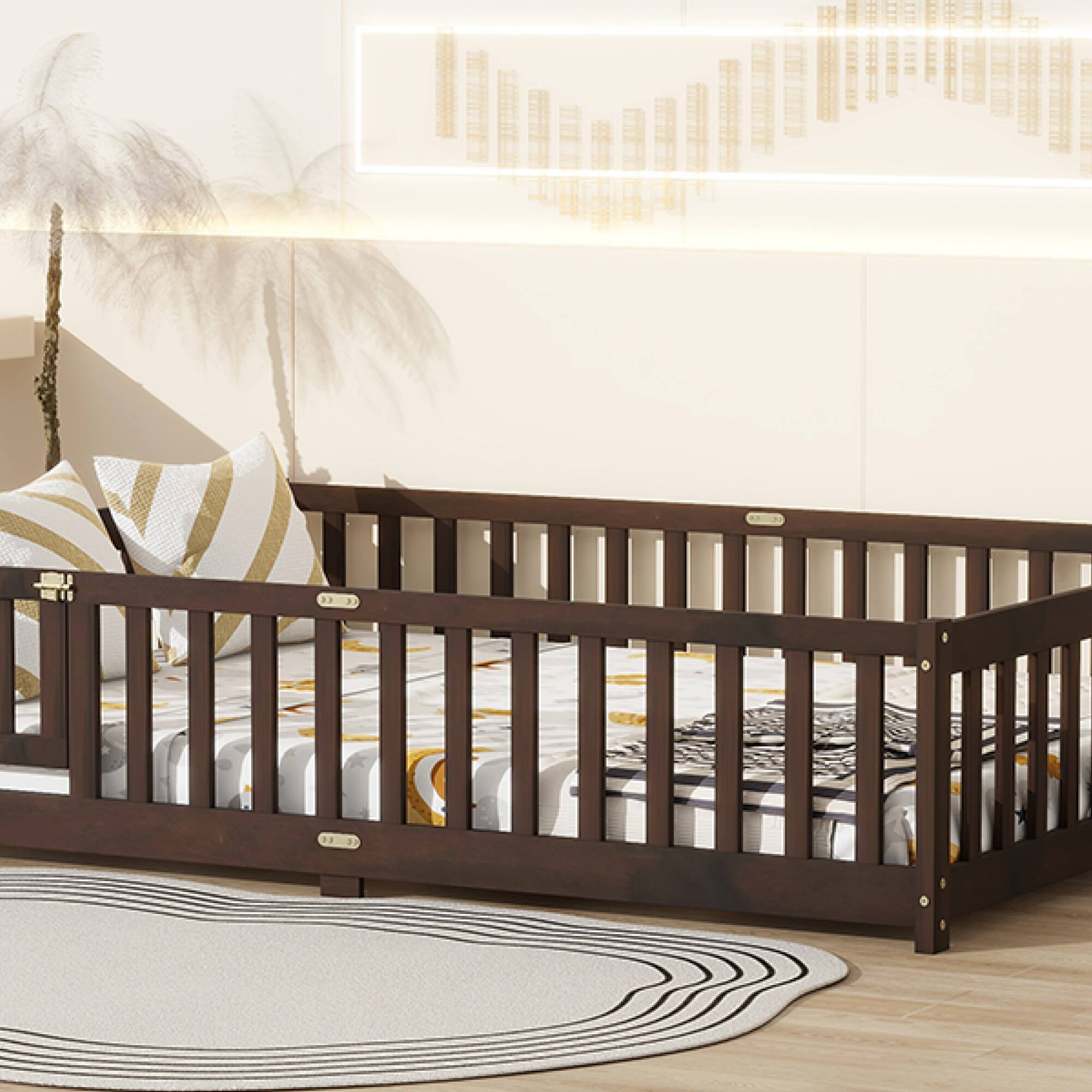 Alt View 5. GOODSILO - Full Size Floor Bed with Safety Fence and Revolving Door for Children, Sturdy Rubber Wood Construction - Espresso.