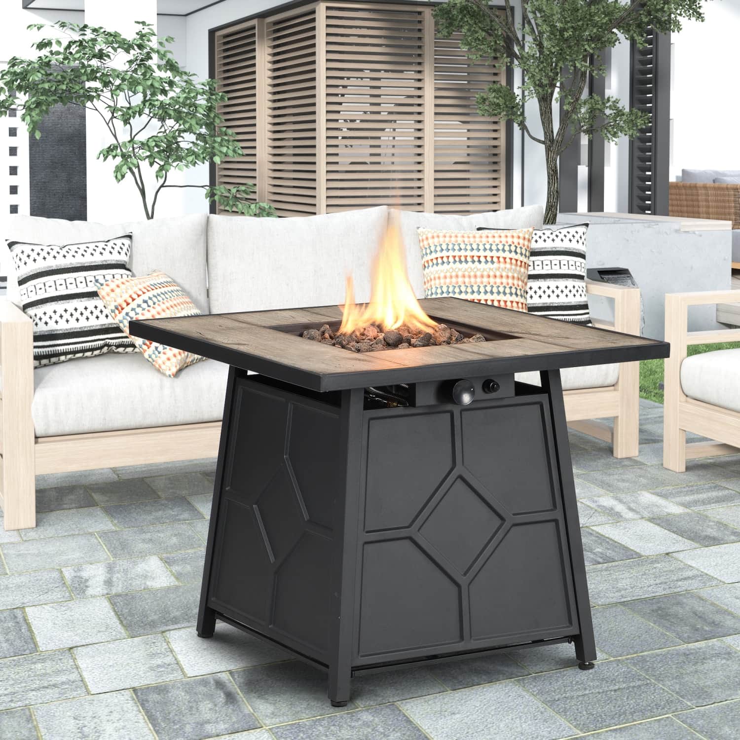 Lirago - 28-inch Square Propane Fire Pit Table 40,000 BTU Outdoor Gas Firepit with Auto-Ignition Cover - Gray
