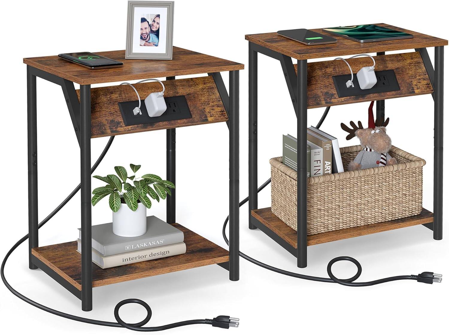 Songmics Home - VASAGLE Set of 2 End Tables with Charging Station, Rustic and Black - Brown
