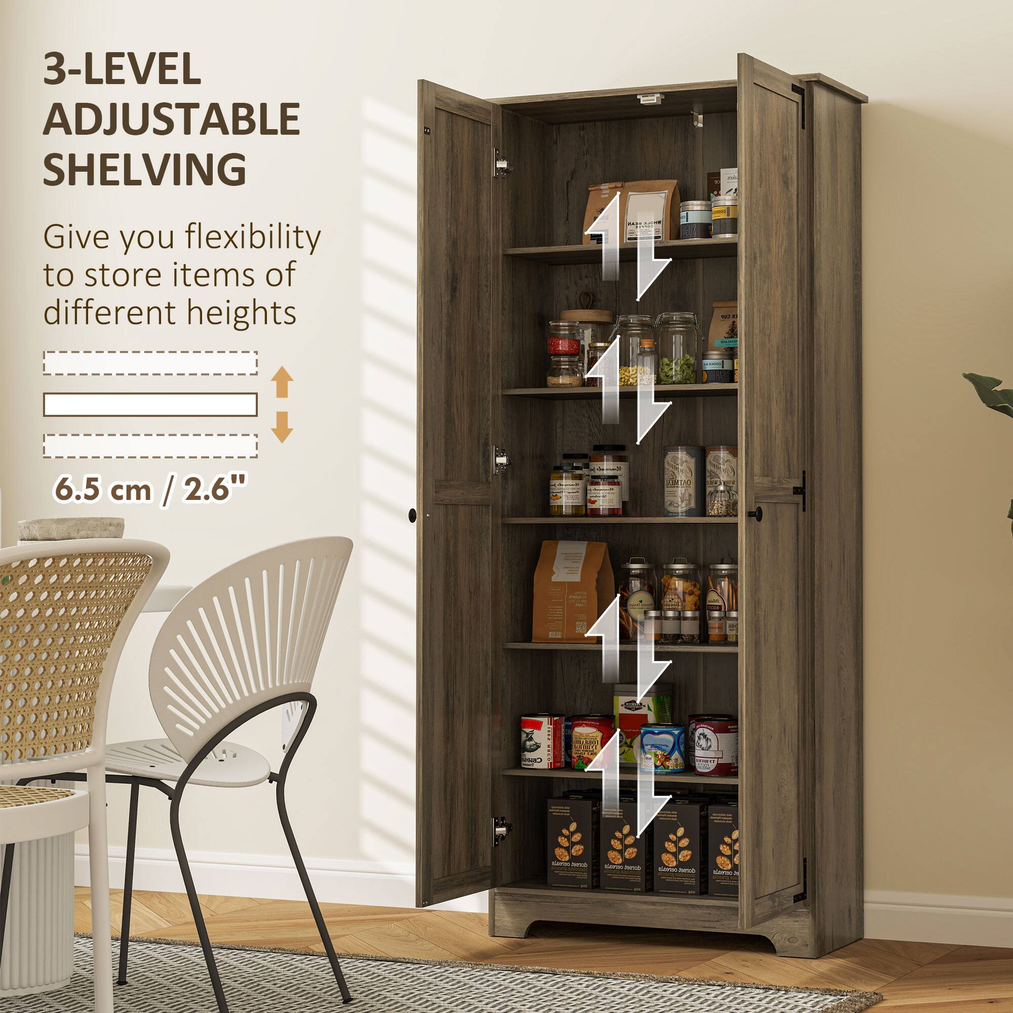 3-LEVEL ADJUSTABLE SHELVING  
Give you flexibility to store items of different heights  
6.5 cm / 2.6"