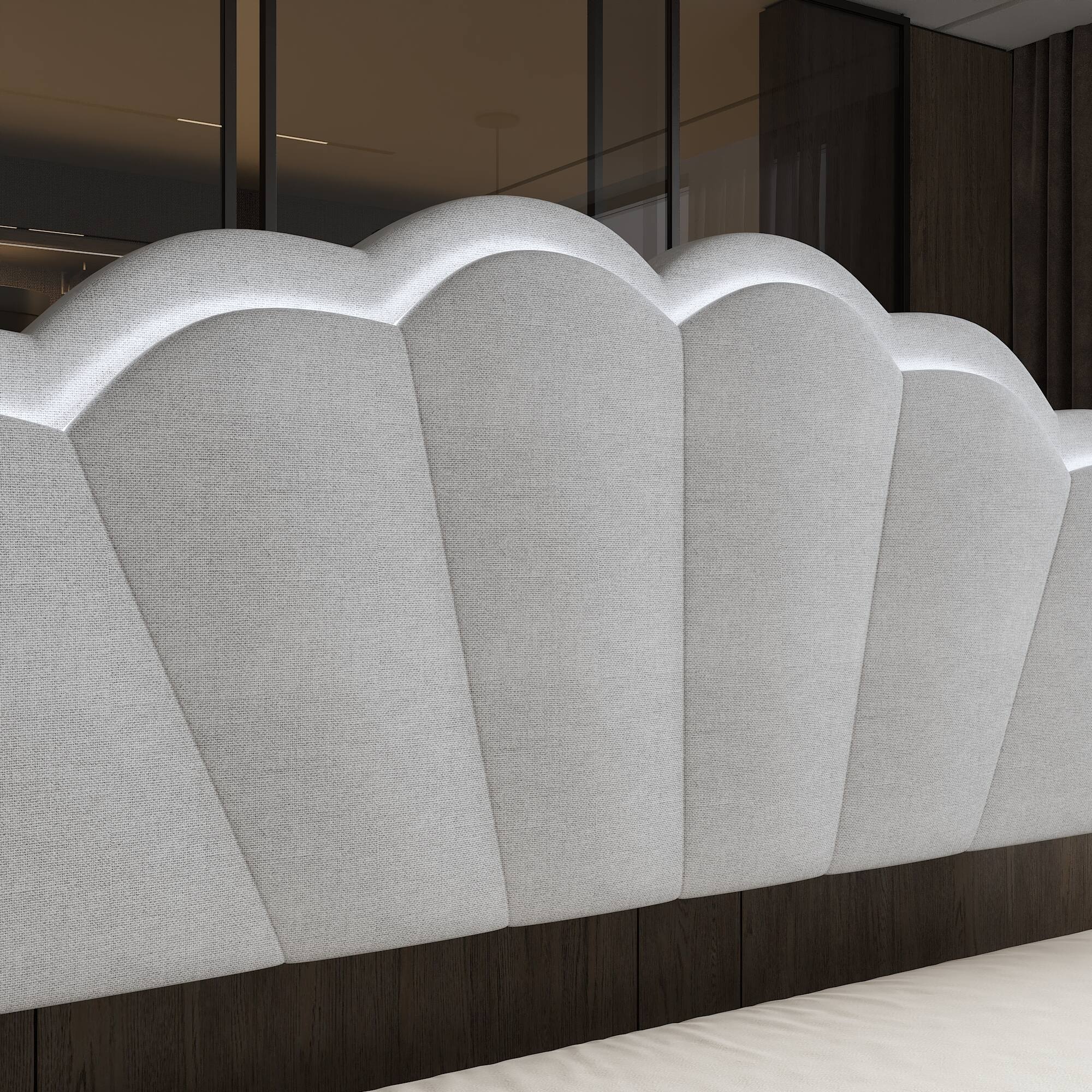 Alt View 9. Famapy - Famapy Upholstered Bed Frame: LED - Lit Shell Headboard & Reinforced Support - Gray.