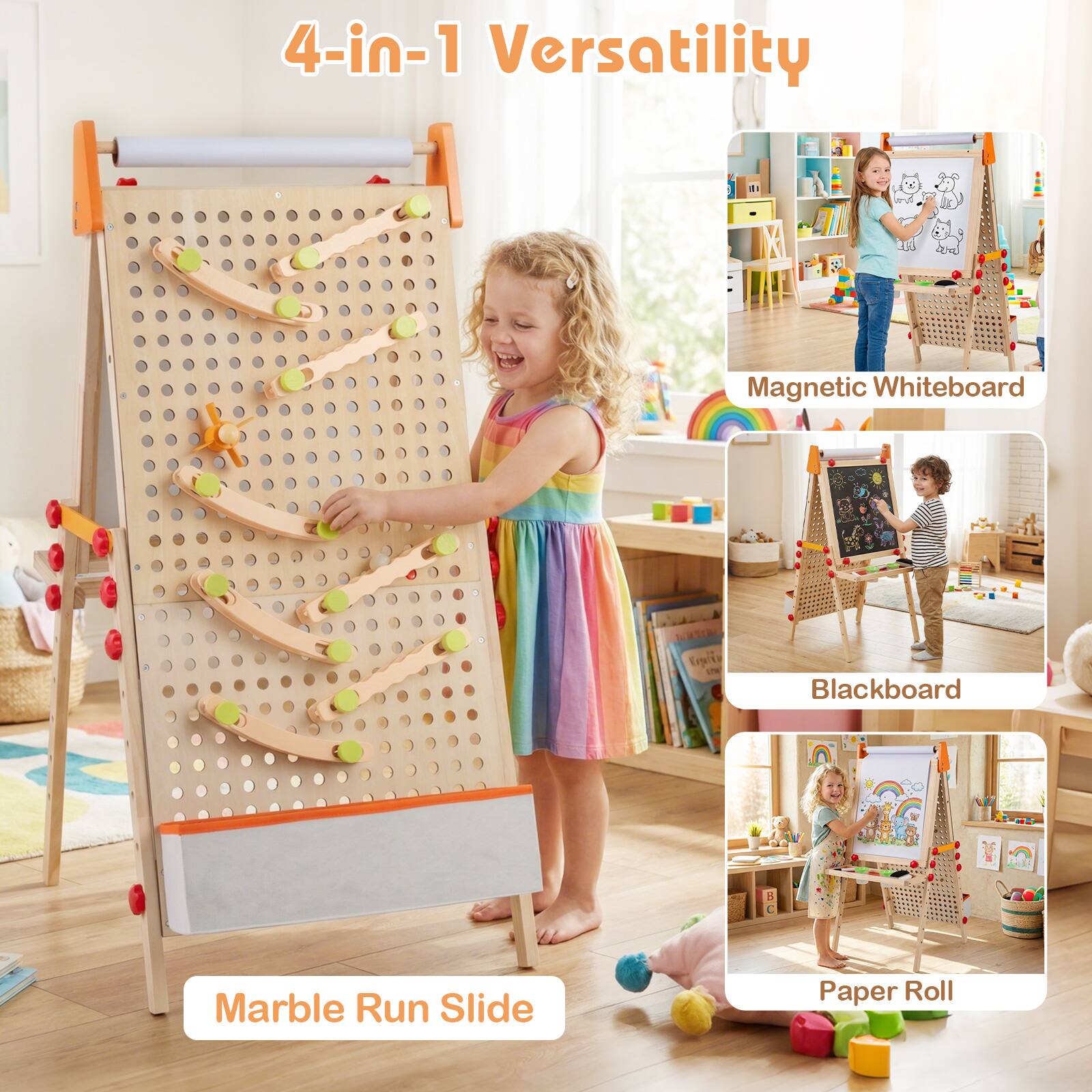 4-in-1 Versatility

- Magnetic Whiteboard
- Marble Run Slide
- Blackboard
- Paper Roll