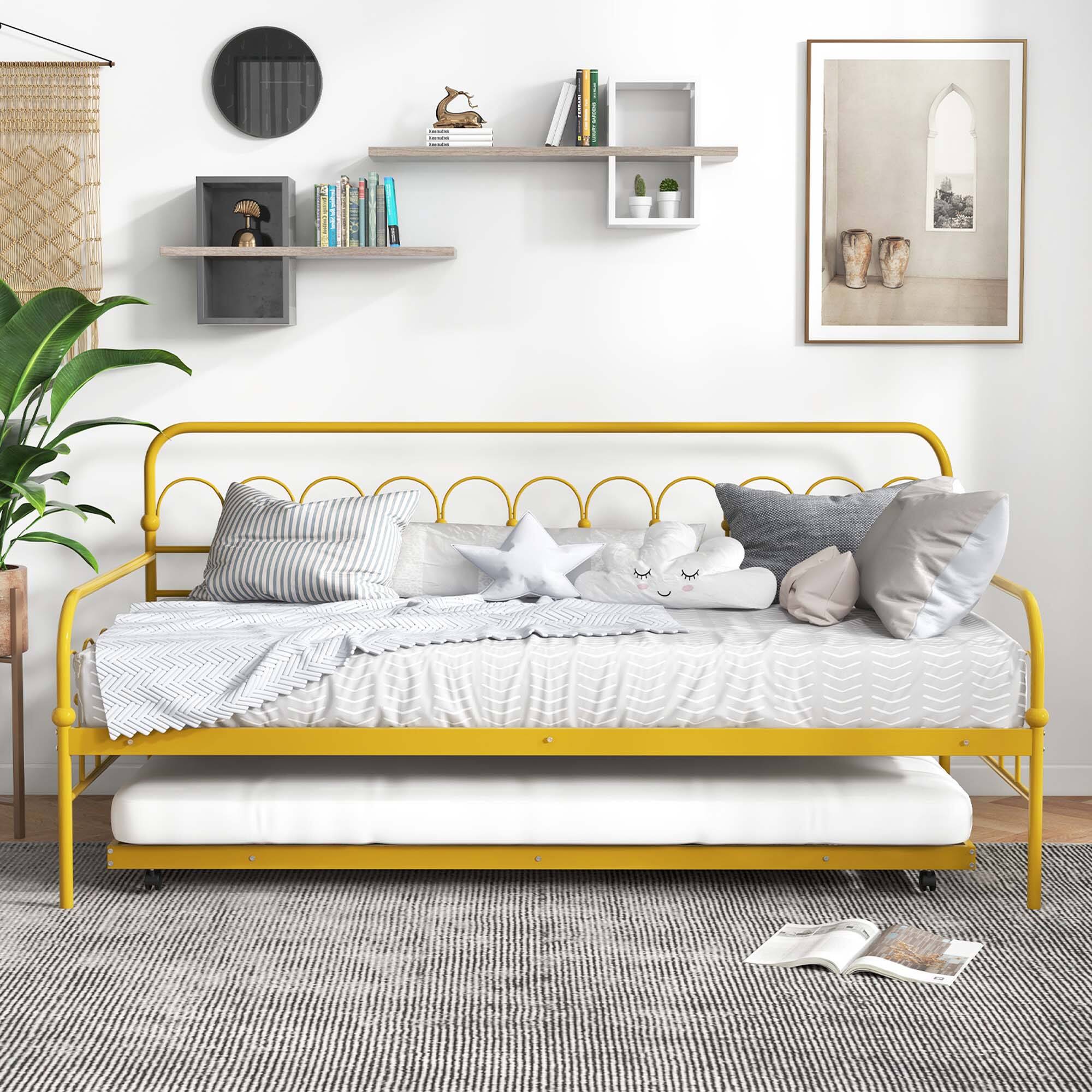 Alt View 4. Costway - Costway Twin Size Metal Daybed with Trundle Space-Saving Sofa Bed Lockable Wheels Gold - Golden.
