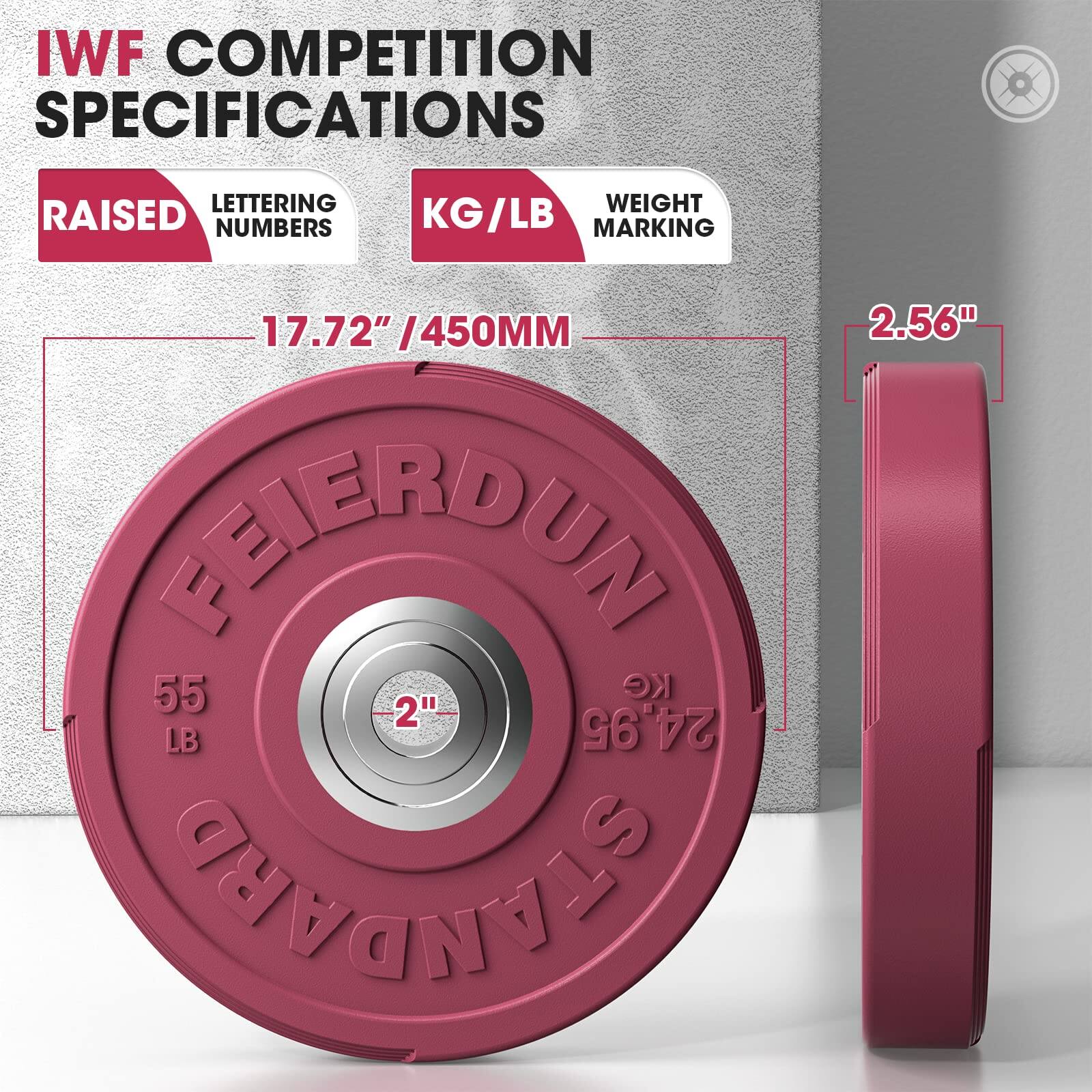 IWF COMPETITION SPECIFICATIONS  
RAISED LETTERING NUMBERS  
KG/LB WEIGHT MARKING  
17.72" / 450MM  
FEIERDUN  
55 KG / 24.95 LB  
2"  
2.56"