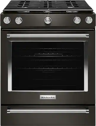 Front. KitchenAid - 5.8 Cu. Ft. Slide-In Gas Convection Range - Black Stainless Steel.