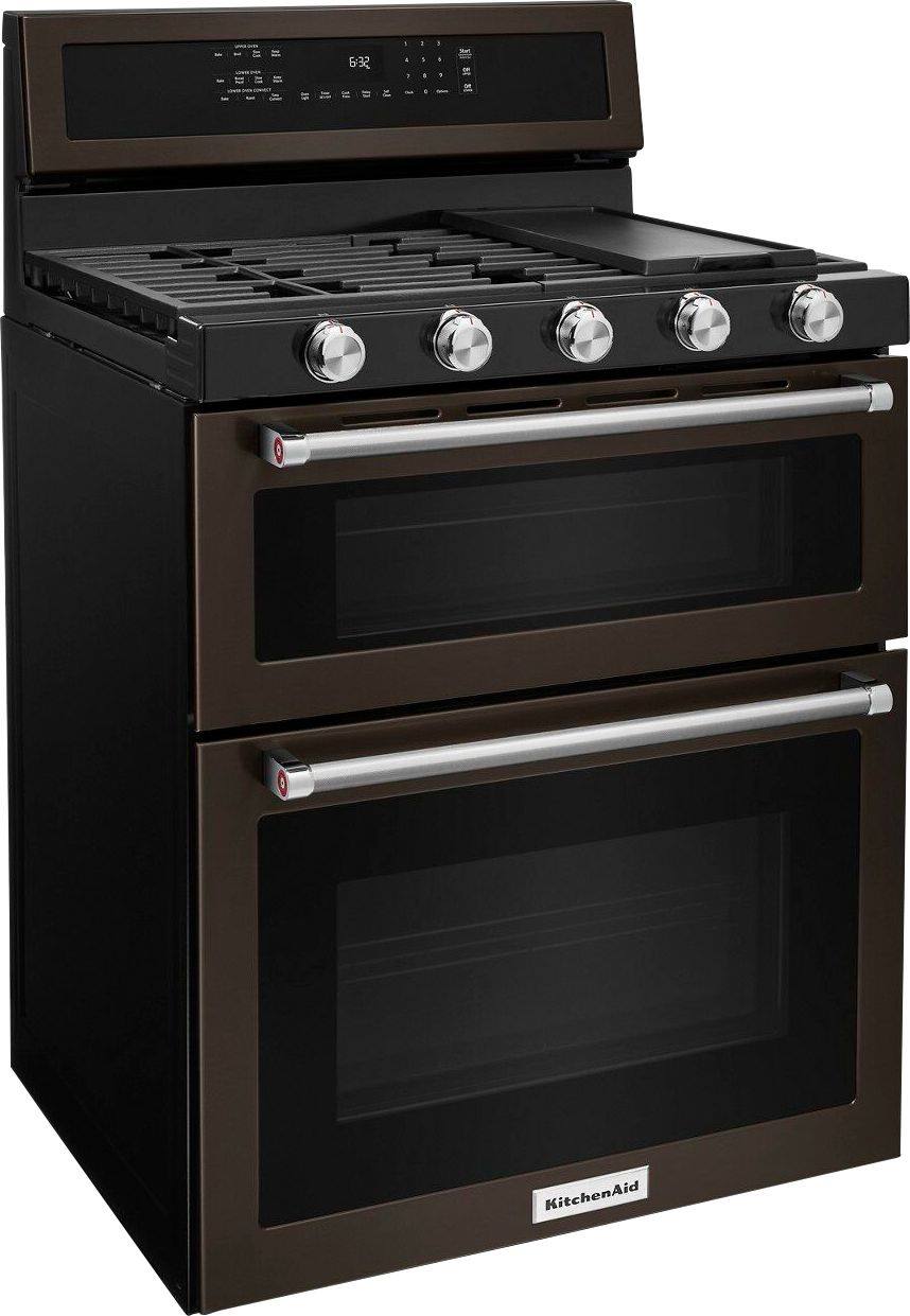 Angle. KitchenAid - 6.0 Cu. Ft. Self-Cleaning Freestanding Double Oven Gas Convection Range - Black Stainless Steel with Printshield Finish.