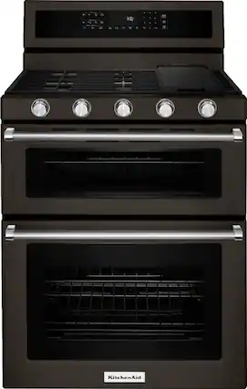 Front. KitchenAid - 6.0 Cu. Ft. Self-Cleaning Freestanding Double Oven Gas Convection Range - Black Stainless Steel.