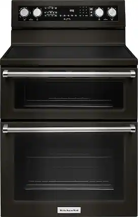 Front. KitchenAid - 6.7 Cu. Ft. Self-Cleaning Freestanding Double Oven Electric Convection Range - Black Stainless Steel.