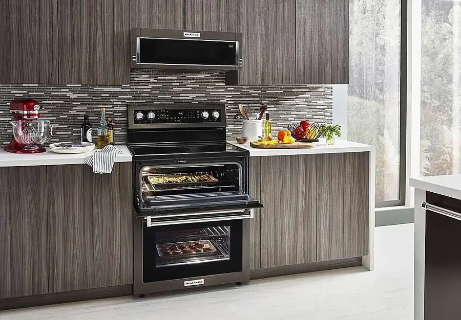 Alt View 18. KitchenAid - 6.7 Cu. Ft. Self-Cleaning Freestanding Double Oven Electric Convection Range - Black Stainless Steel.
