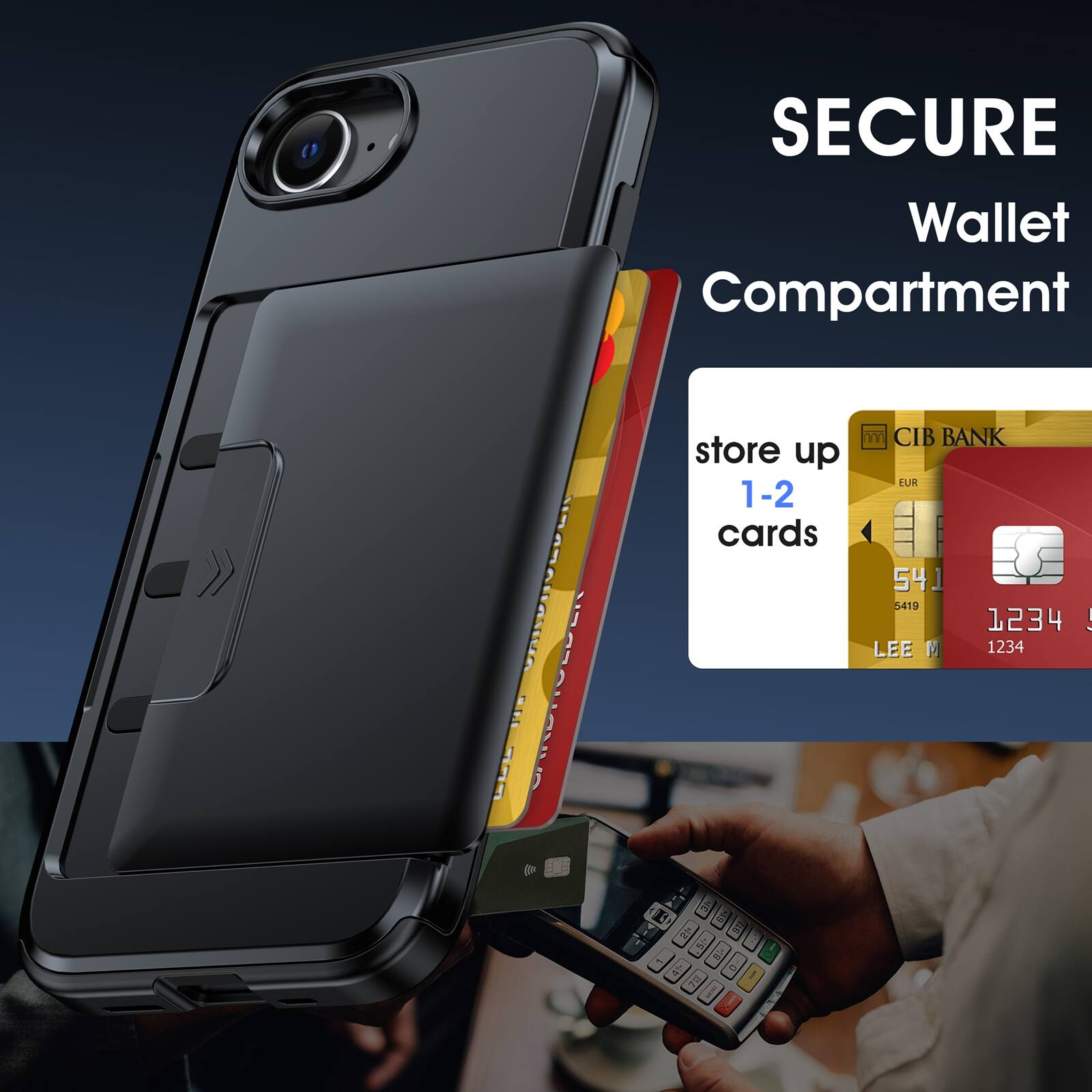 SECURE Wallet Compartment  
store up 1-2 cards  
CIB BANK  
5419 1234  
LEE M 1234
