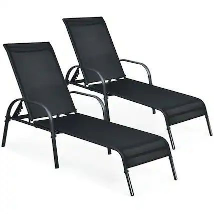 Front. Pefilos - 2 Pcs Outdoor Patio Chaise Fabric with Adjustable Reclining Armrest, 5 Backrest Position, for Patio Lounge Chair - Black.