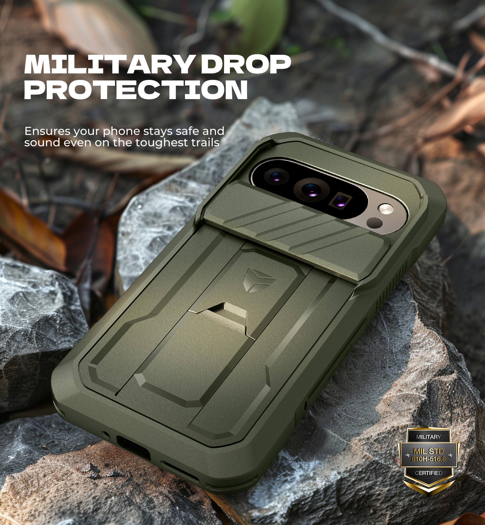 MILITARY DROP PROTECTION  
Ensures your phone stays safe and sound even on the toughest trails  

MILITARY  
MIL STD 810H-516.8 6.8 CERTIFIED