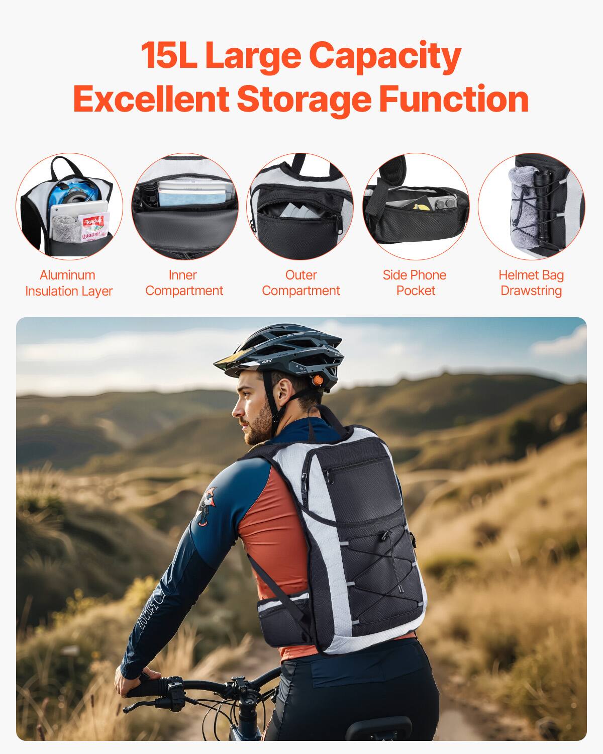 15L Large Capacity  
Excellent Storage Function  

- Aluminum Insulation Layer  
- Inner Compartment  
- Outer Compartment  
- Side Phone Pocket  
- Helmet Bag Drawstring