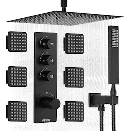 VEVOR - Shower Faucet Set, 16 Inch Thermostatic Ceiling Mount Rainfall Shower System with 6 Body Jets and Handheld Spray - Matte Black