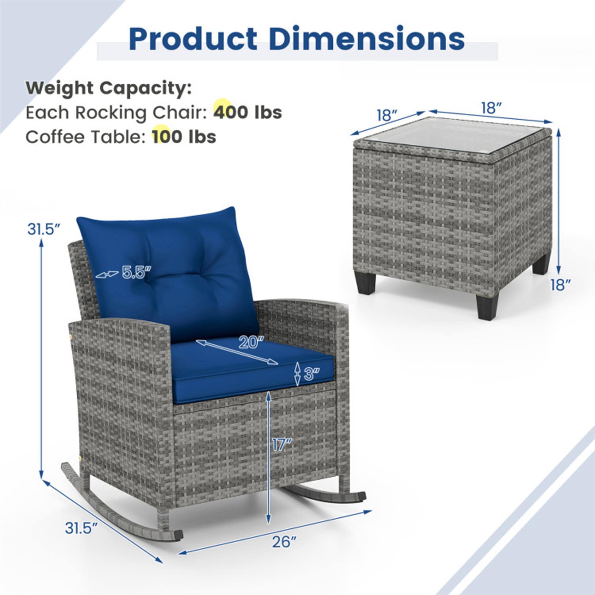 Product Dimensions

Weight Capacity:
Each Rocking Chair: 400 lbs
Coffee Table: 100 lbs

Dimensions:
- Rocking Chair: 31.5" H x 26" W x 17" D
- Coffee Table: 18" H x 18" W x 18" D

Seat Dimensions:
- Rocking Chair: 20" W x 17" D
- Backrest: 31.5" H x 5.5" D
- Armrest: 5.5" H