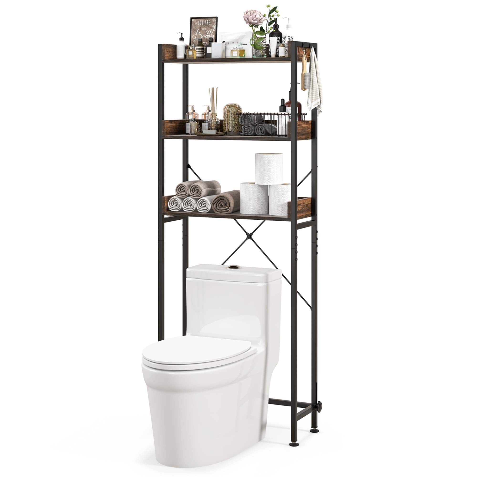 Costway - 3-Tier Over-The-Toilet Bathroom Shelf Metal Frame Space Saver Rack with 4 Hooks - Rustic Brown,Black