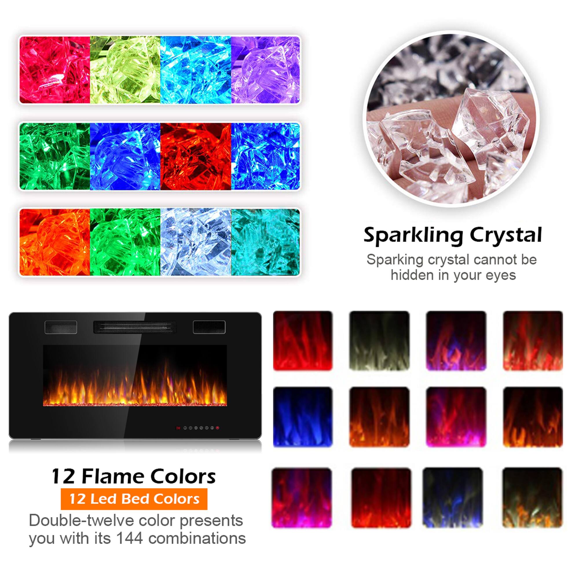Sparkling Crystal  
Sparkling crystal cannot be hidden in your eyes  

12 Flame Colors  
12 Led Bed Colors  
Double-twelve color presents you with its 144 combinations