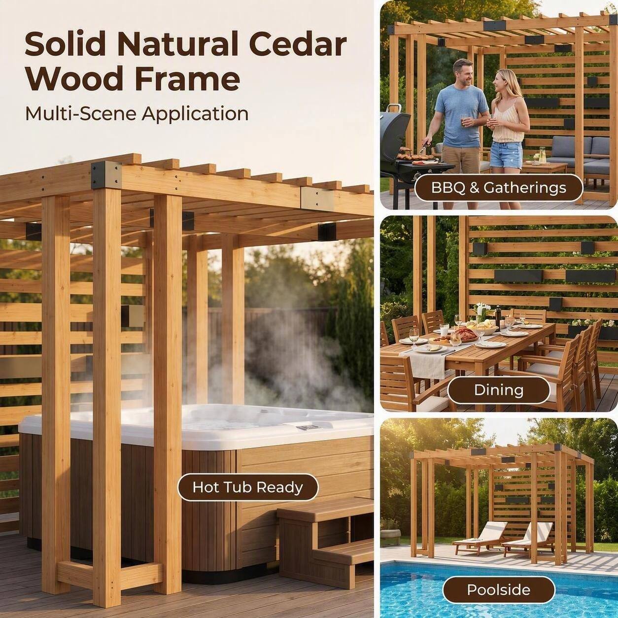 Solid Natural Cedar Wood Frame  
Multi-Scene Application

- BBQ & Gatherings
- Dining
- Hot Tub Ready
- Poolside