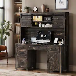 RYHNUYNE - Farmhouse Executive Desk with Hutch, Charging Station, 2 Sliding Barn Doors, 5 Drawers, Adjustable Cabinet, Rustic - Gray