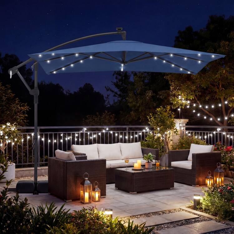 Angle. Mondawe - 8x8 FT Solar LED Offset Cantilever Square Patio Umbrella 360 Rotation with Base - Navy.