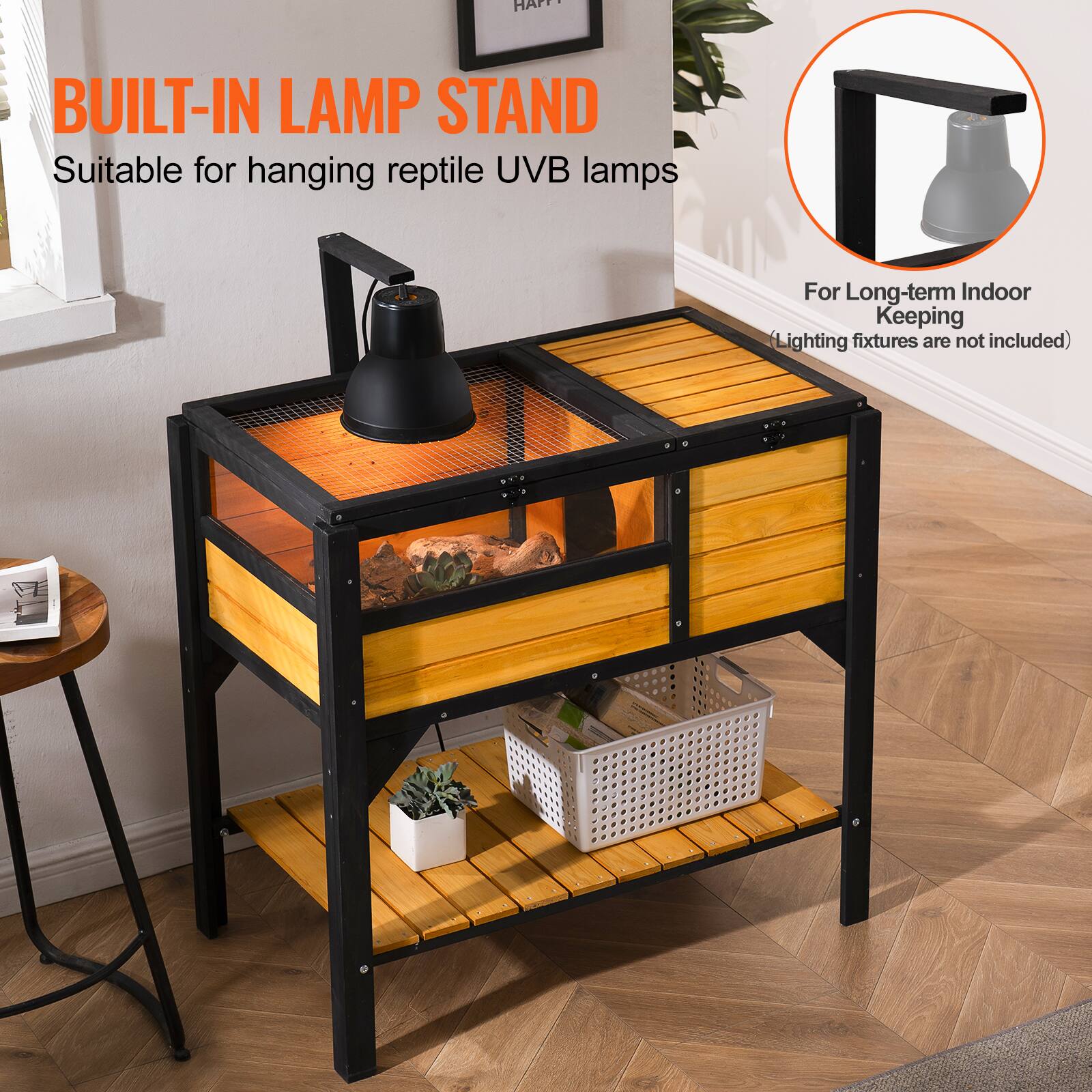 BUILT-IN LAMP STAND  
Suitable for hanging reptile UVB lamps  

For Long-term Indoor Keeping  
(Lighting fixtures are not included)