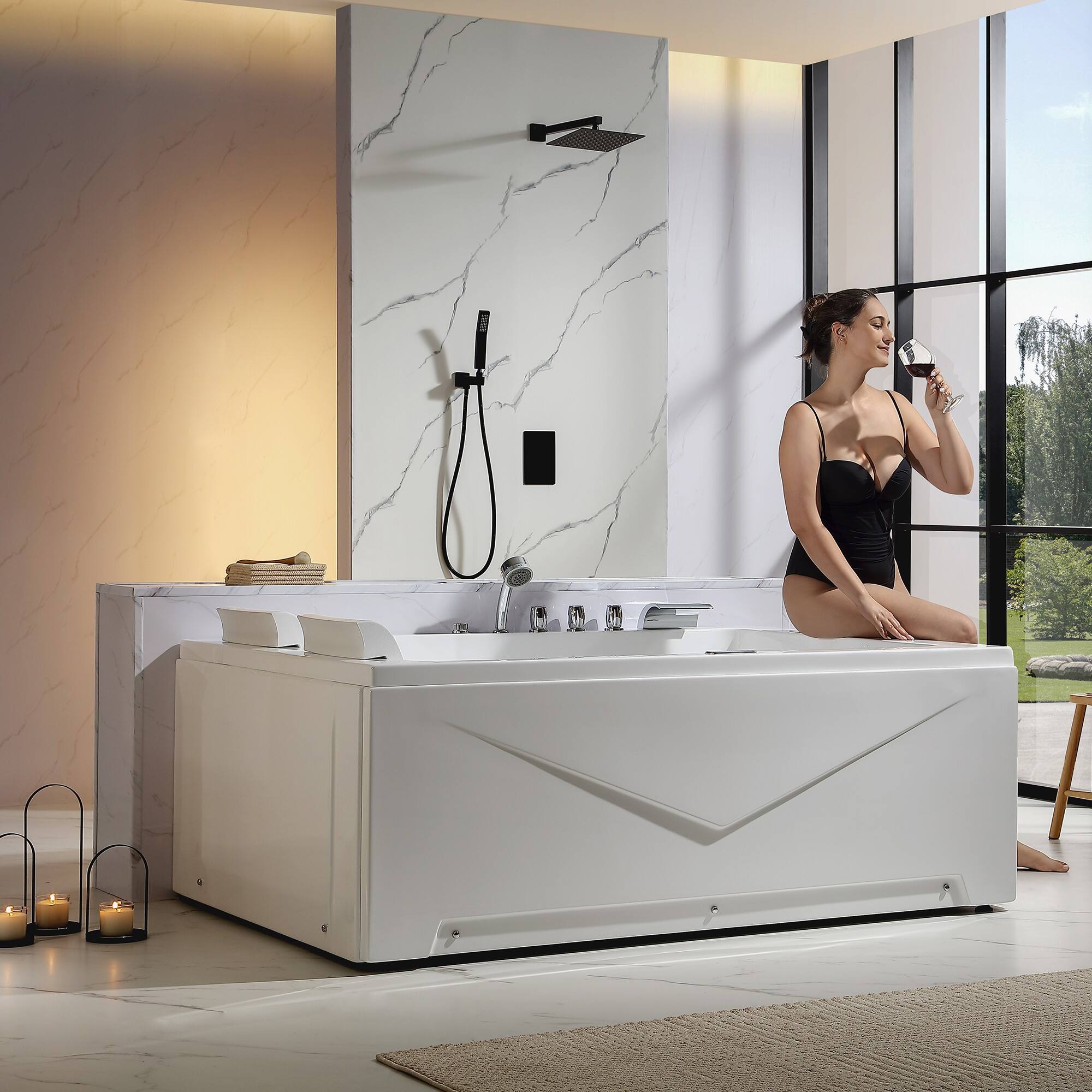 Alt View 6. Empava - 71 in. x 47 in. Alcove Whirlpool Bathtub Hydrotherapy Jetted SPA Bath with Left Drain Chrome-finished Tub filler-White - White.