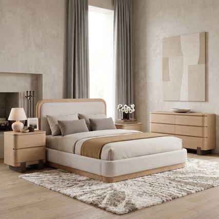 Front. ModernMate - 4-Piece Modern Bedroom Set, Queen Upholstered Bed Frame, 6 Drawers Dresser and 2 Nightstands - Beige and Natural Wood.