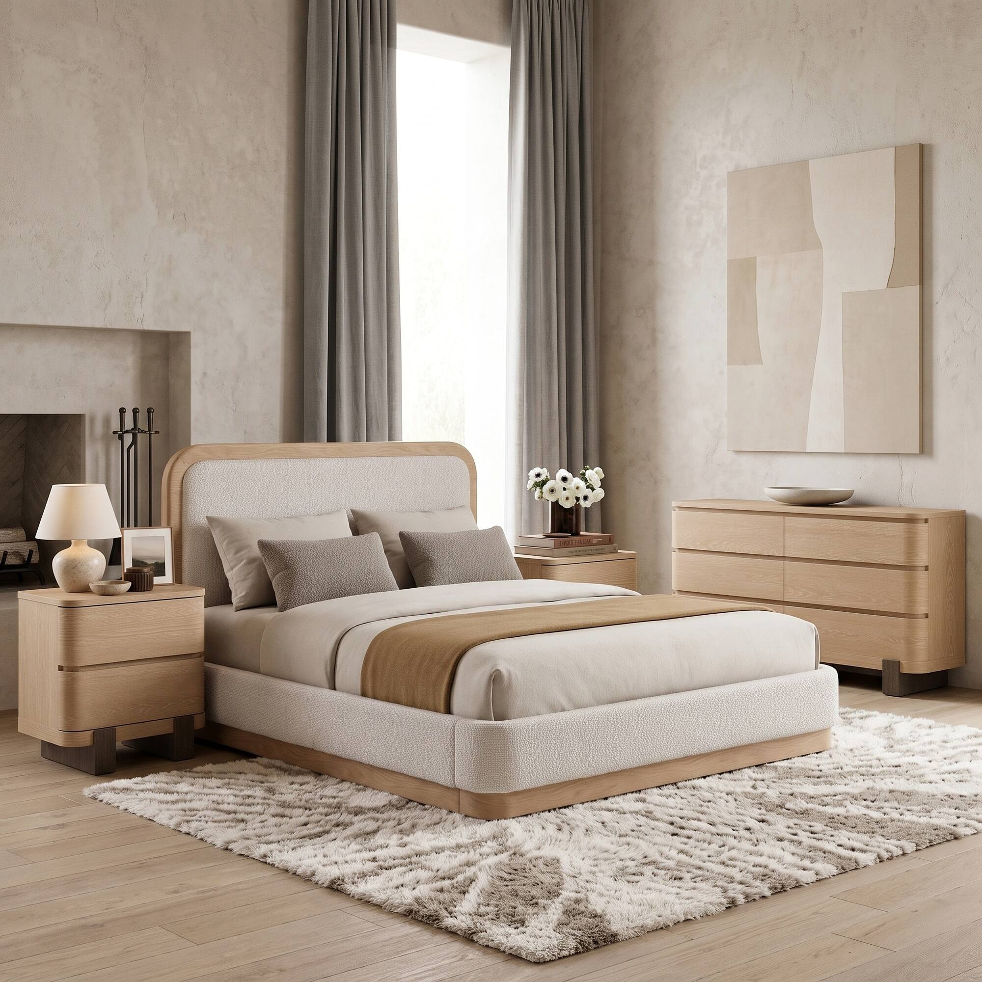 ModernMate - 4-Piece Modern Bedroom Set, Queen Upholstered Bed Frame, 6 Drawers Dresser and 2 Nightstands - Beige and Natural Wood