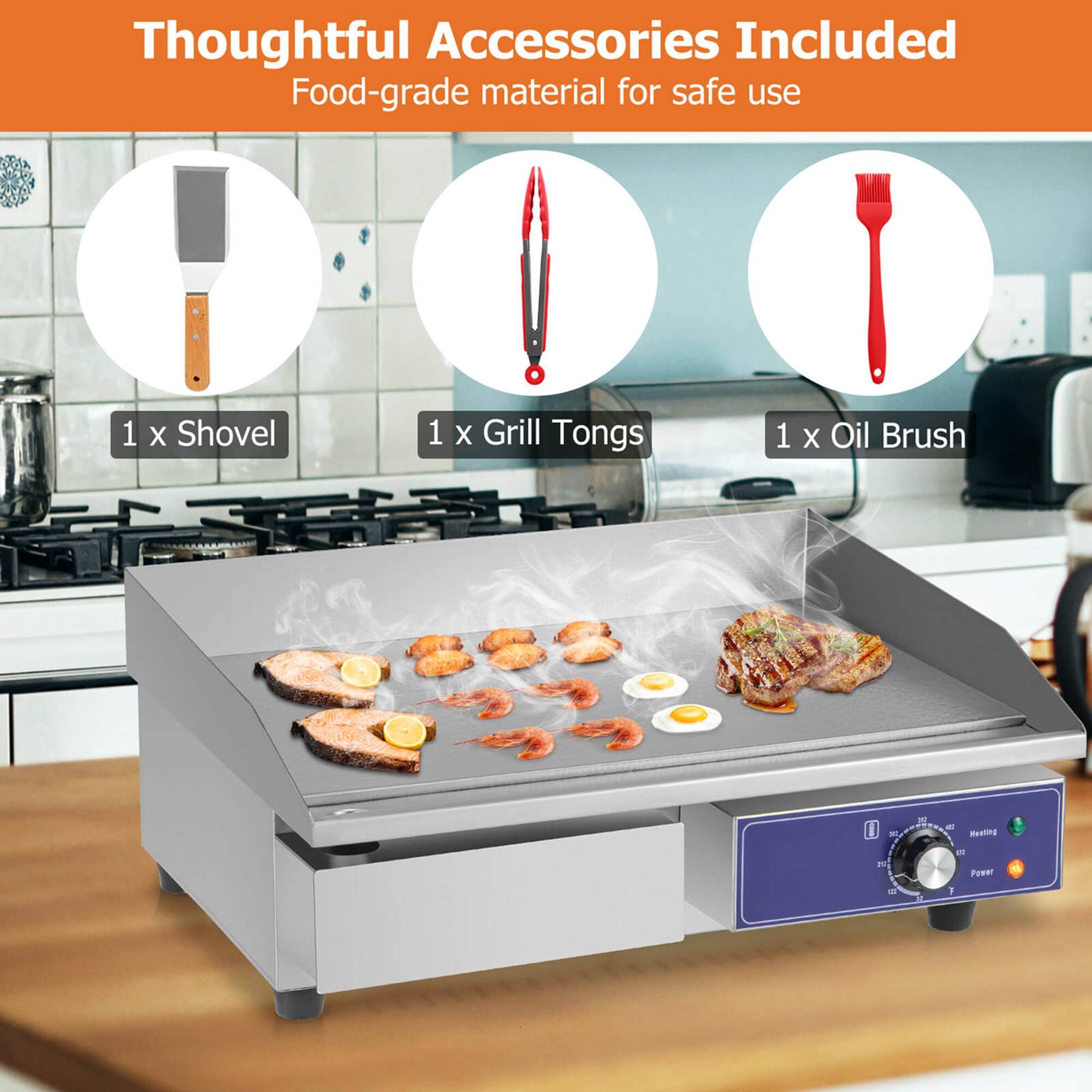 Thoughtful Accessories Included  
Food-grade material for safe use

1 x Shovel  
1 x Grill Tongs  
1 x Oil Brush  

450 Heating EL Power