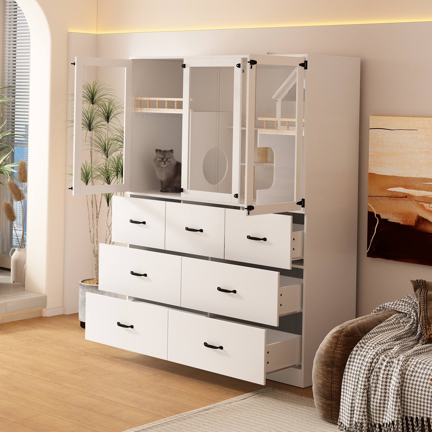 Left. Famapy - Large Multi-Level Cat Cabinet with Hidden Litter Box, Climbing Tower, Scratching Posts & Storage Luxury Cat Furniture.