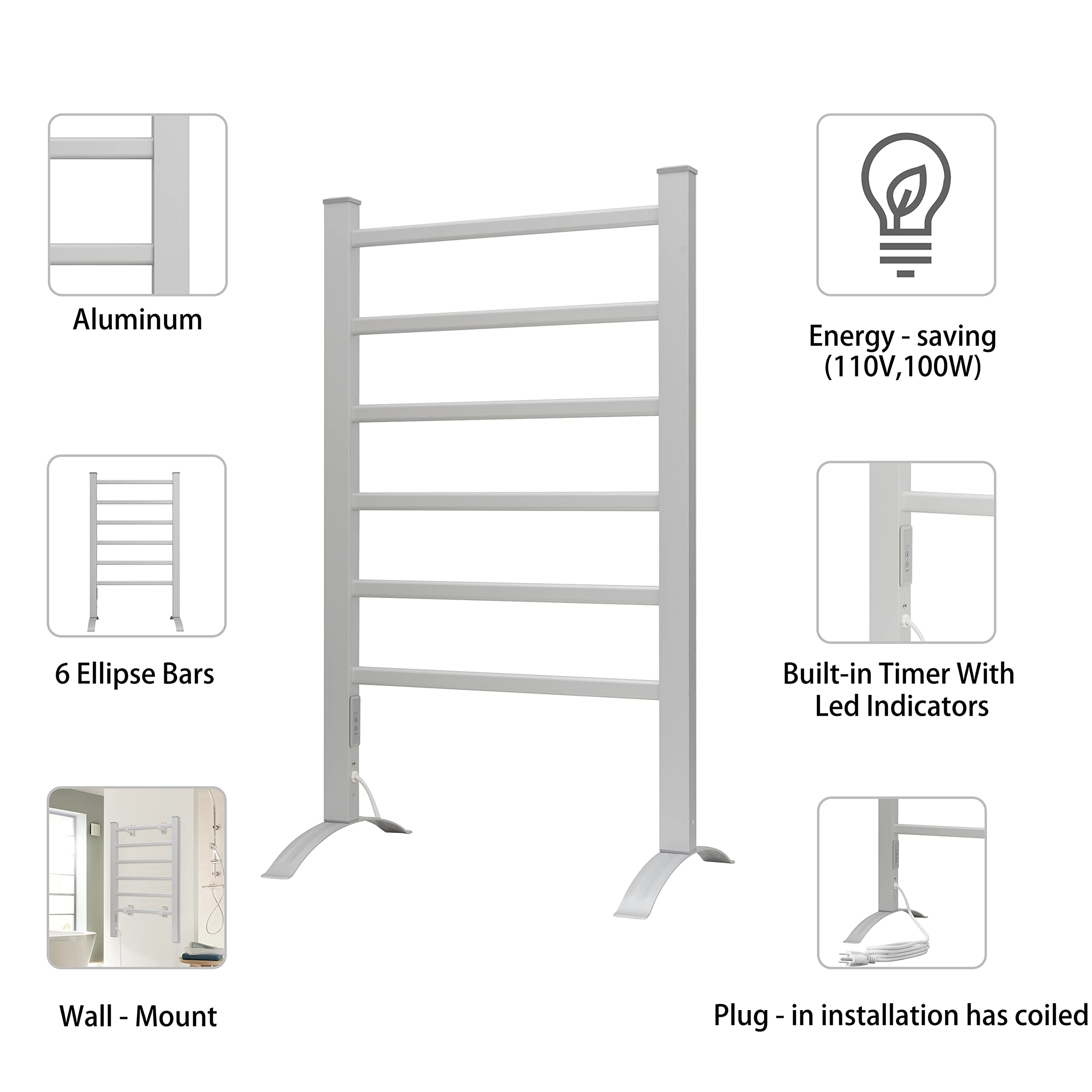 Aluminum  
Energy-saving (110V, 100W)  
6 Ellipse Bars  
Built-in Timer With Led Indicators  
Wall-Mount  
Plug-in installation has coiled
