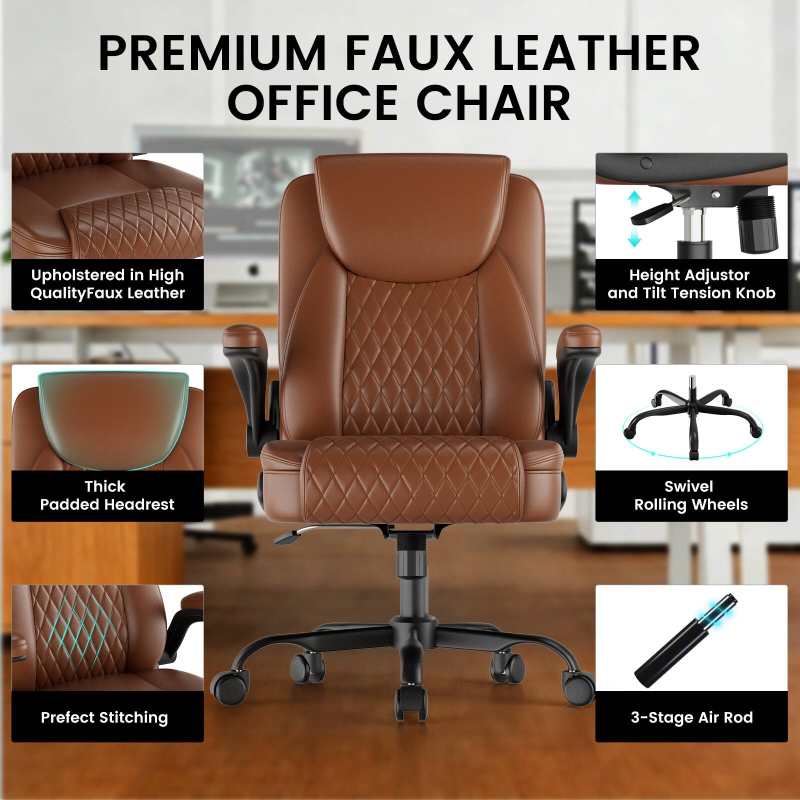 PREMIUM FAUX LEATHER OFFICE CHAIR

- Upholstered in High Quality Faux Leather
- Height Adjustor and Tilt Tension Knob
- Thick Padded Headrest
- Swivel Rolling Wheels
- Perfect Stitching
- 3-Stage Air Rod