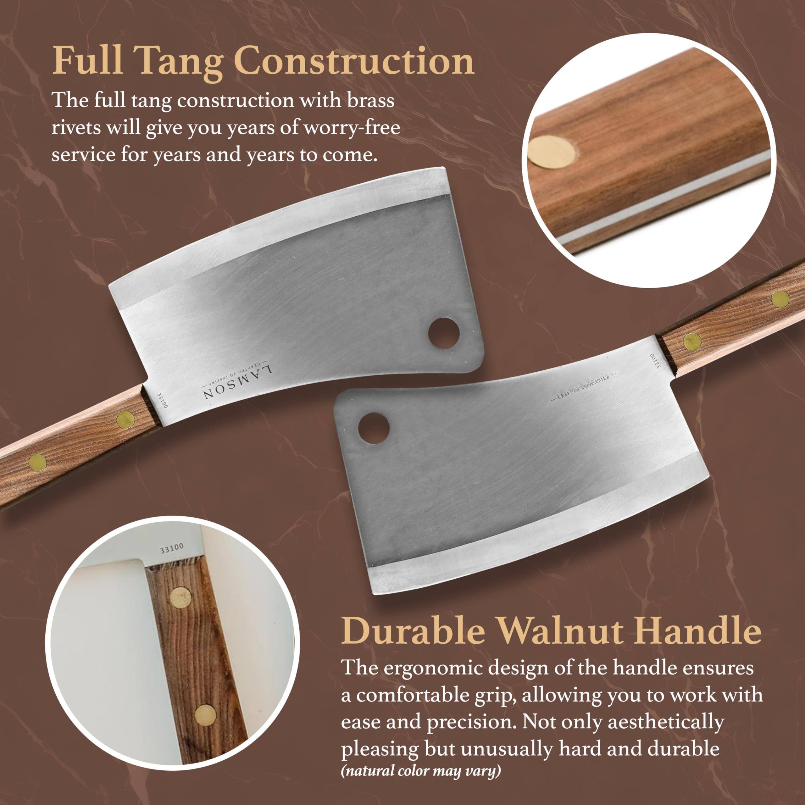 Full Tang Construction  
The full tang construction with brass rivets will give you years of worry-free service for years and years to come.

Durable Walnut Handle  
The ergonomic design of the handle ensures a comfortable grip, allowing you to work with ease and precision. Not only aesthetically pleasing but unusually hard and durable (natural color may vary)