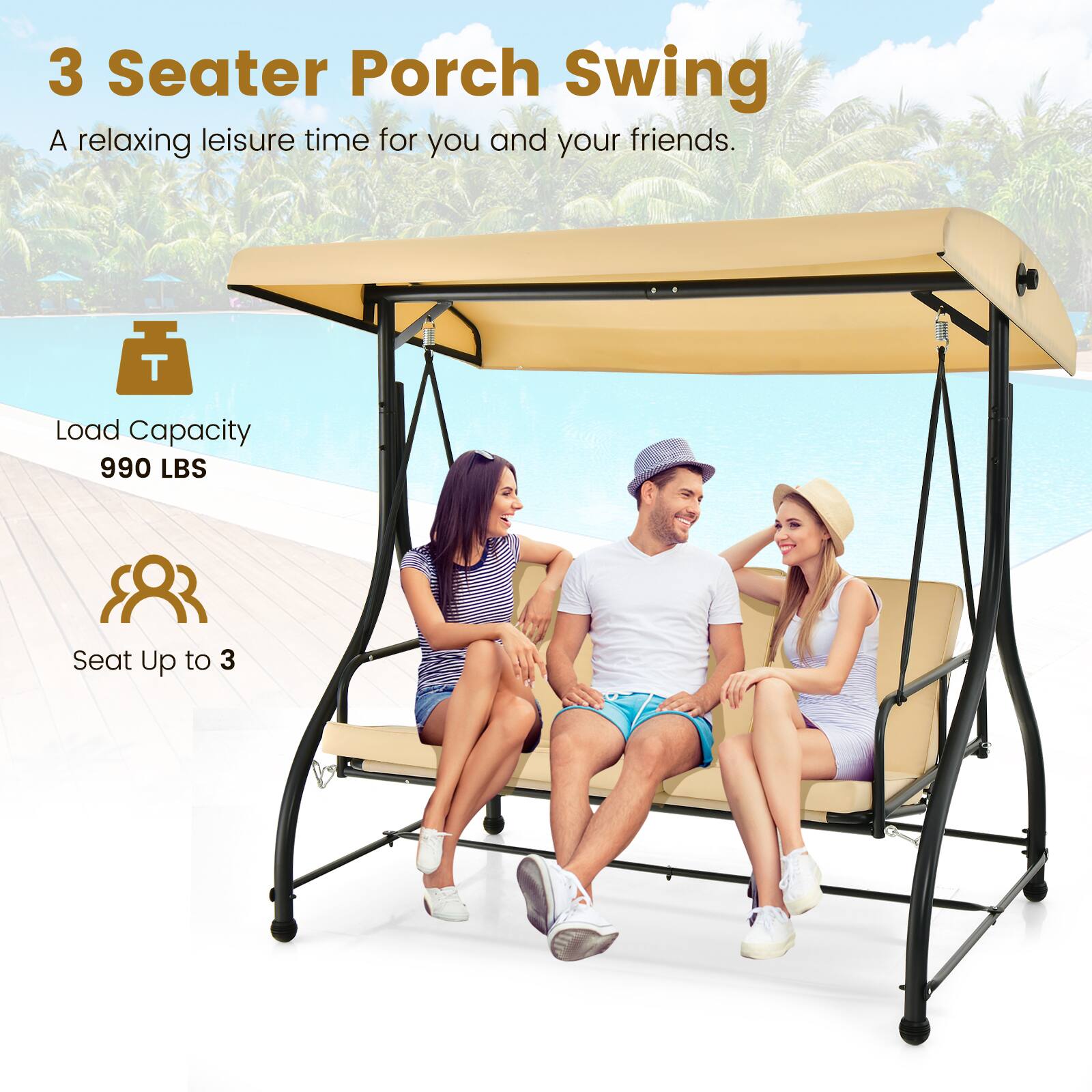 Alt View 4. Gymax - Gymax 3-Seat Outdoor Converting Patio Swing Glider Adjustable Canopy Porch Swing Beige - Beige.