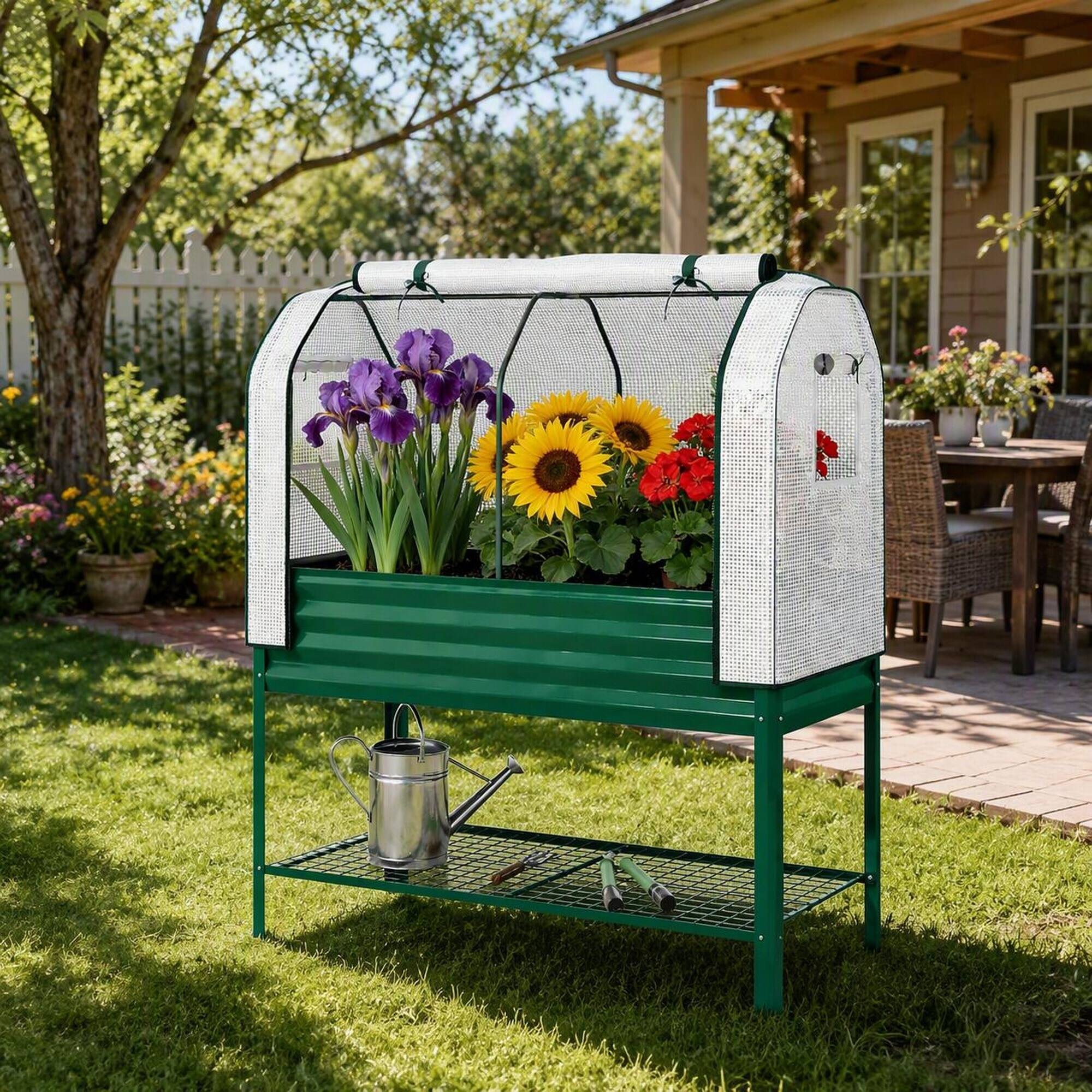 Alt View 2. RYHNUYNE - Raised Garden Bed with Greenhouse Cover, Galvanized Metal Planter Box on Legs with Mesh Shelf, 44 Gallon Outdoor - Green.