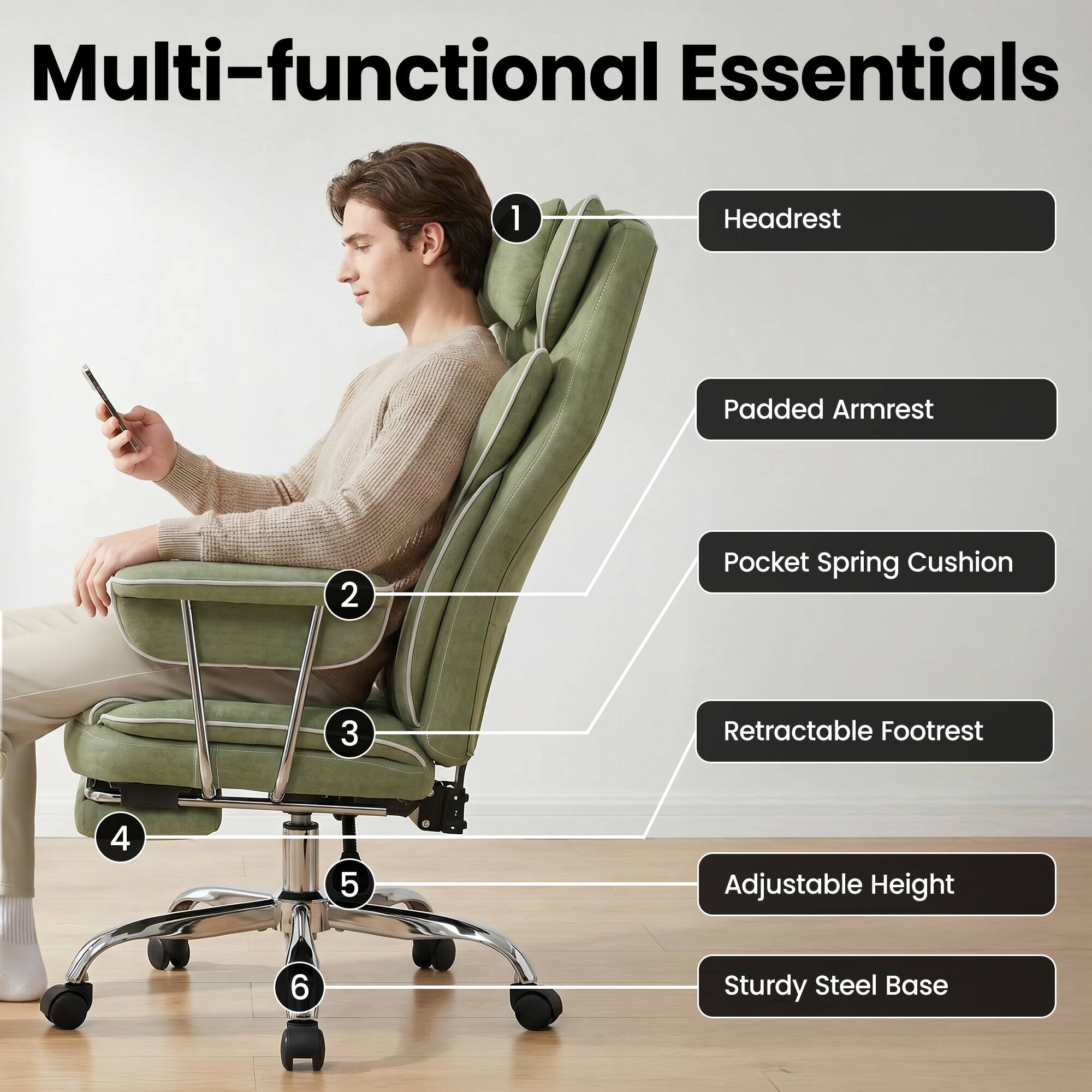 Multi-functional Essentials
1. Headrest
2. Padded Armrest
3. Pocket Spring Cushion
4. Retractable Footrest
5. Adjustable Height
6. Sturdy Steel Base