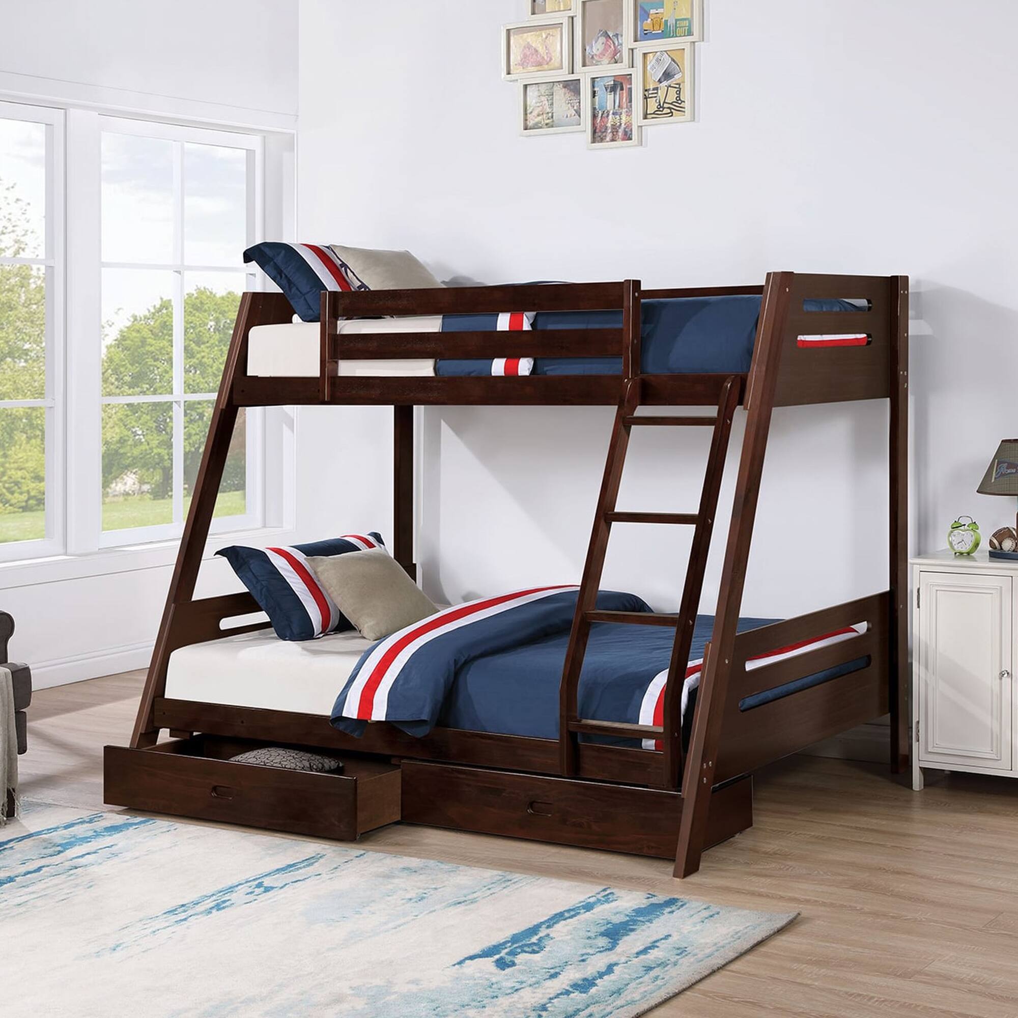Angle. Vaczon - Twin/Full Bunk Bed for Kids & Teens, Solid Wood Frame with Storage Drawers, Built-In Ladder Full-Length Guardrails - Espresso.