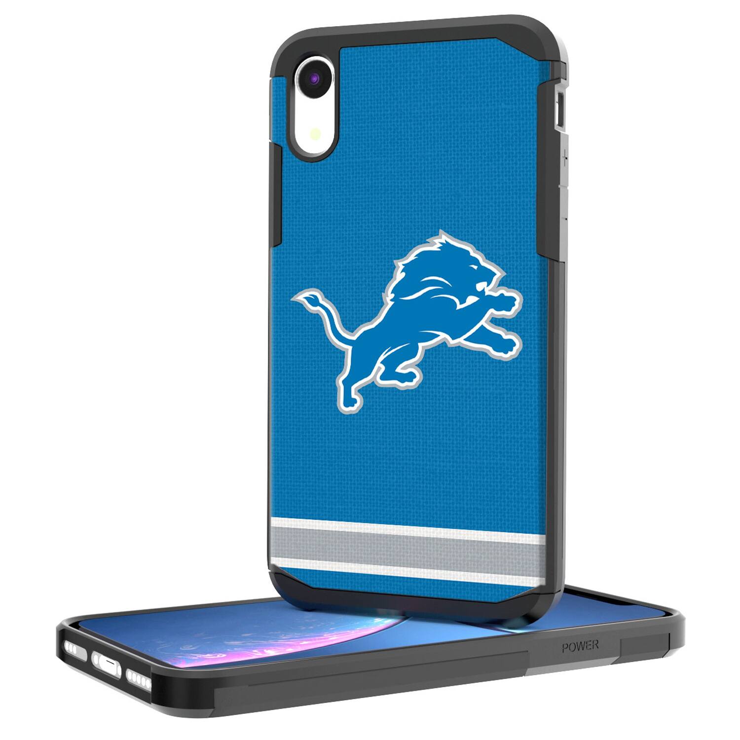 Front. Keyscaper - Detroit Lions iPhone Rugged Stripe Design Case - 14 Pro Max - Multicolor.